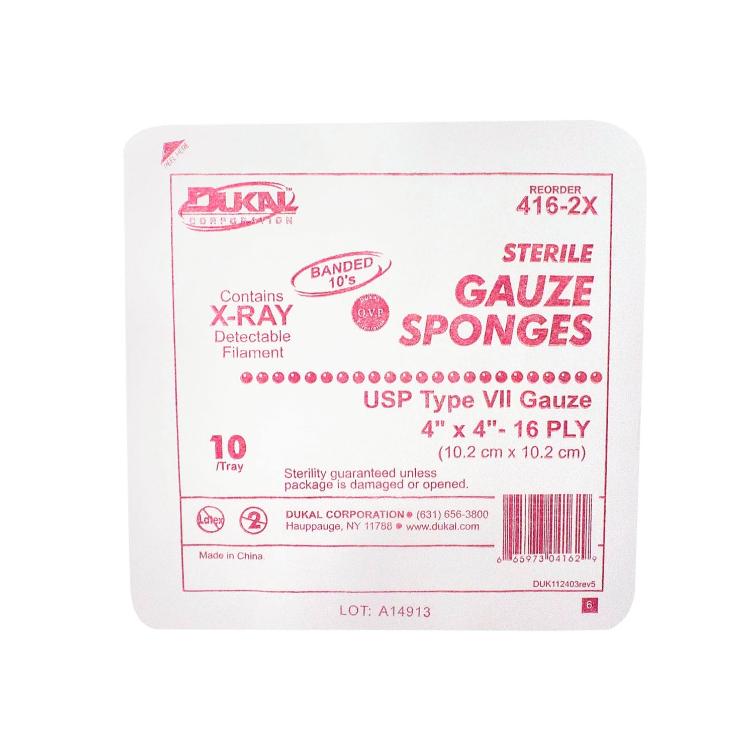 Dukal Corporation Dukal X-Ray Detectable Gauze Sponges  Sponge, 4" x 4", X-Ray Detectable Type VII, 16-Ply