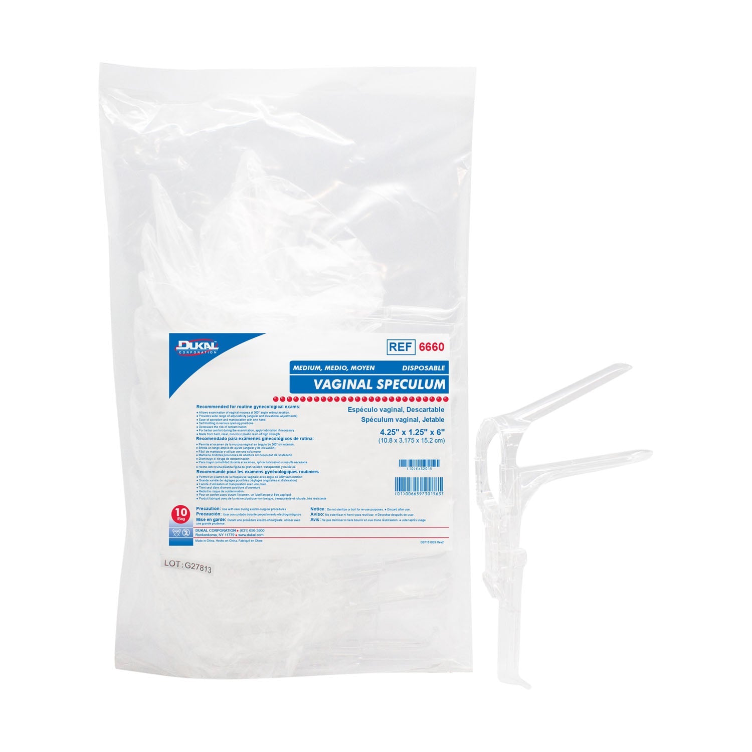 Dukal Corporation Dukal Vaginal Speculums  Speculum, Medium, Disposable, 10/bg, 10 bg/cs