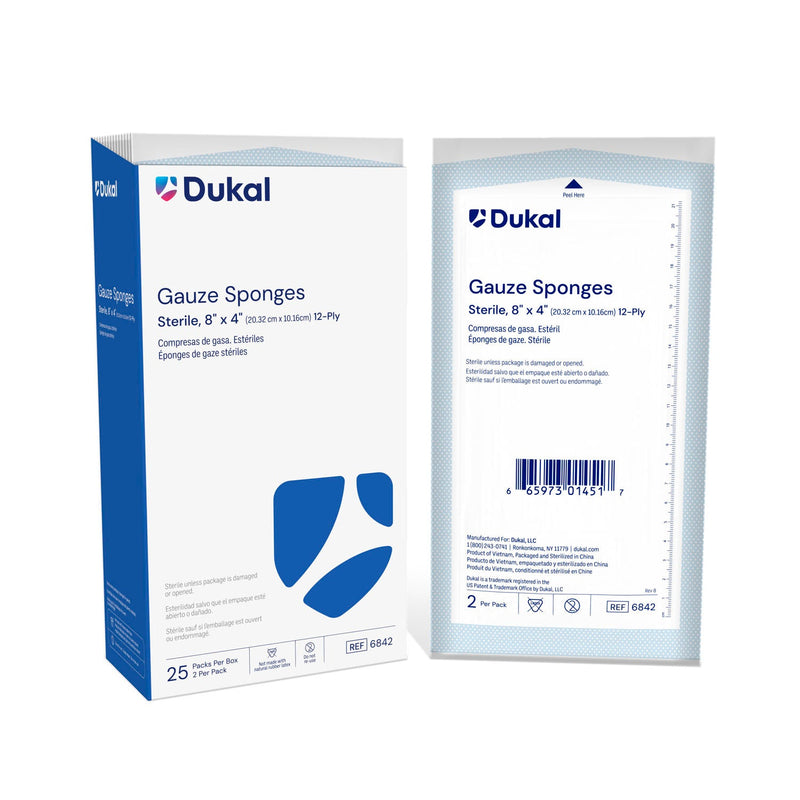 Dukal Corporation Dukal Woven Cotton Gauze Sponges  Sponge, 8" x 4", Sterile, 12-Ply, 2/pk, 25 pk/bx,