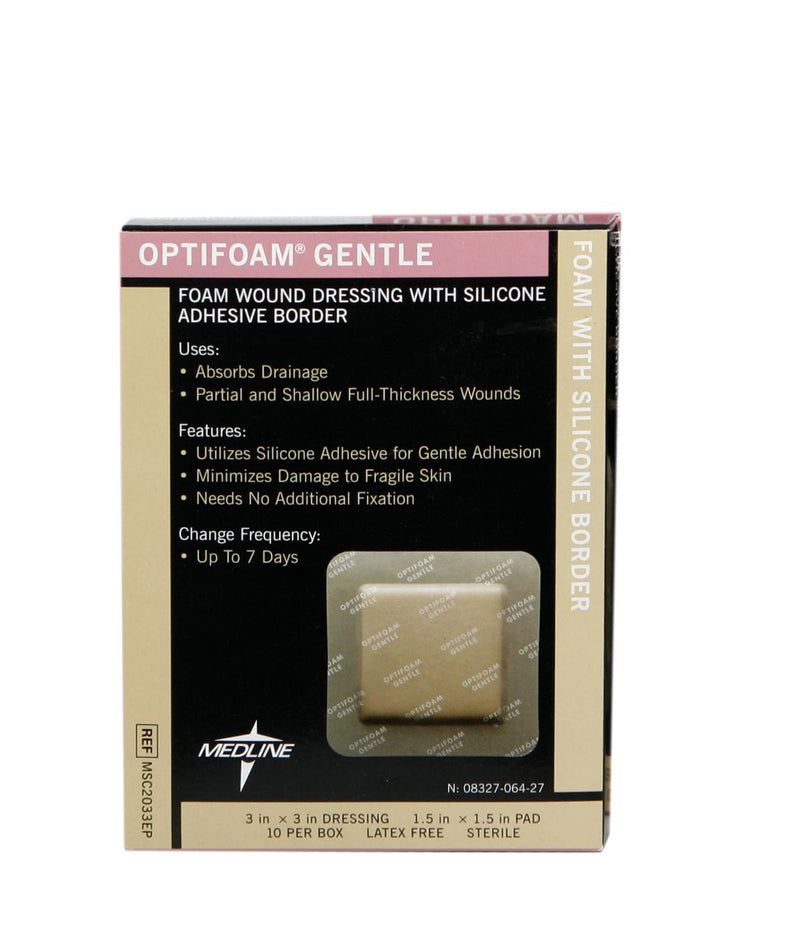 Medline Foam Dressing Optifoam Gentle 3 X 3 Inch With Border Waterproof Backing Silicone Border Square Sterile (MSC2033EP / CS) 