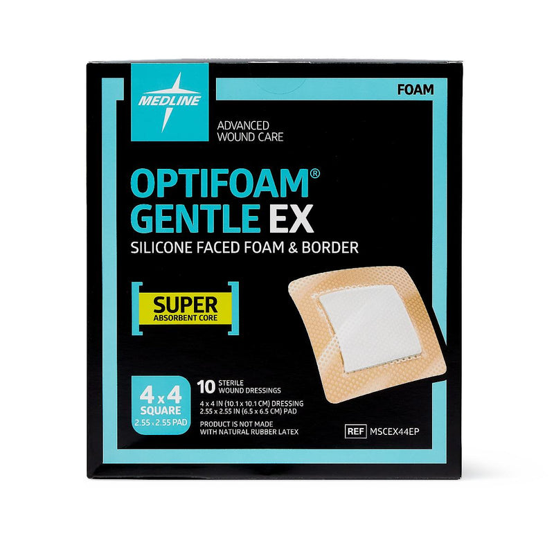 Medline Foam Dressing Optifoam Gentle EX 4 X 4 Inch With Border Waterproof Backing Silicone Face and Border Square Sterile