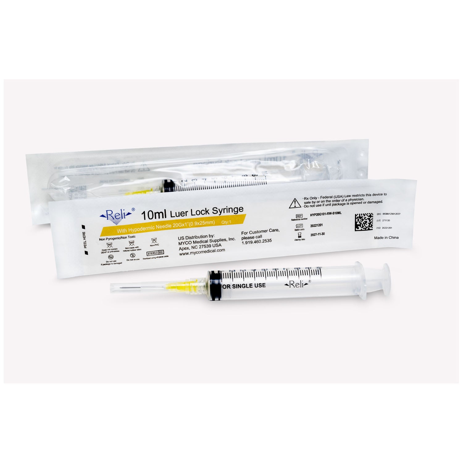 Myco Medical Myco Reli® Conventional Hypodermic Needle W/Syringe  Needle-10-mL-20G-x-1-Regular-Wall-Bevel-100-bx
