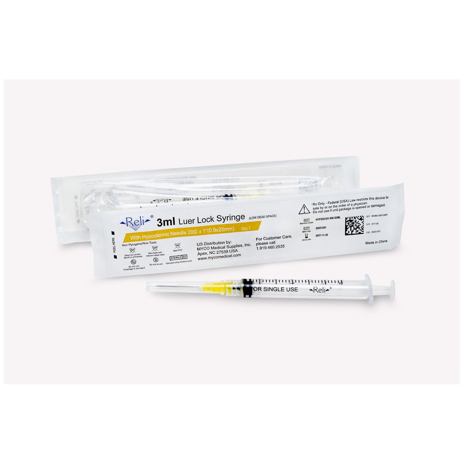 Myco Medical Myco Reli Conventional Hypodermic Needle W/Syringe  Needle, 3 mL, 20G x 1", Low Dead Space, Regular Wa