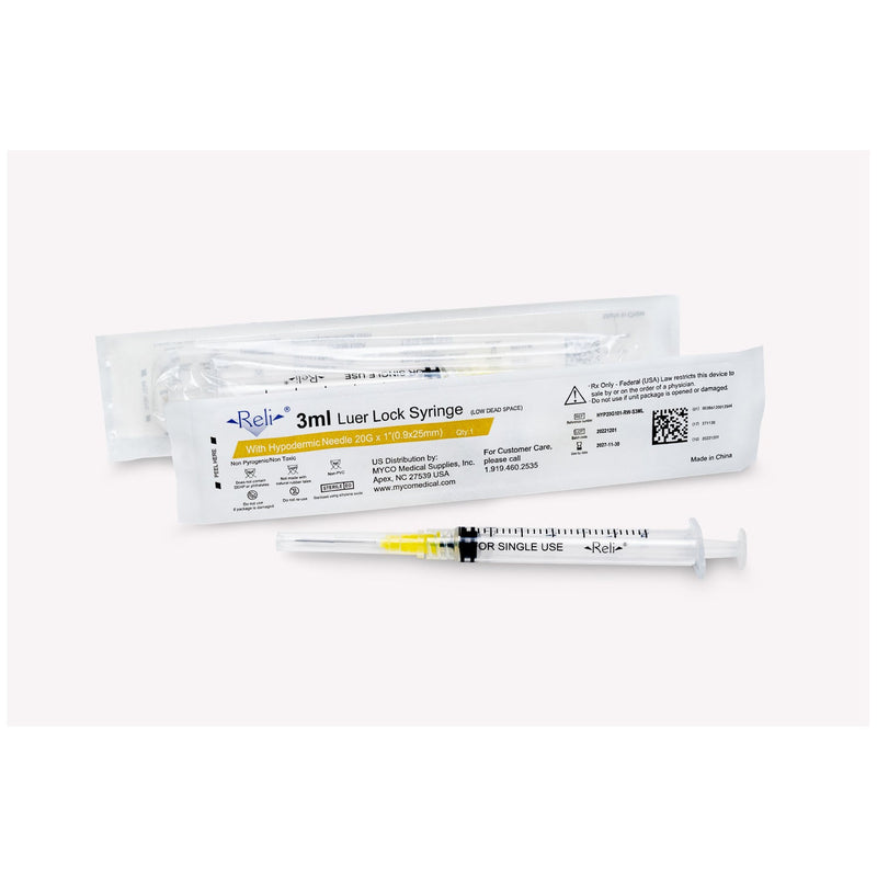 Myco Medical Myco Reli Conventional Hypodermic Needle W/Syringe  Needle, 3 mL, 20G x 1", Low Dead Space, Regular Wa