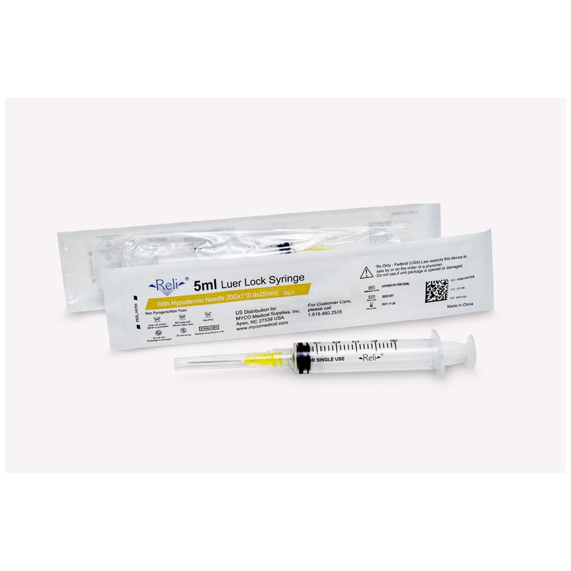 Myco Medical Myco Reli Conventional Hypodermic Needle W/Syringe  Needle, 5 mL, 20G x 1", Regular Wall/Bevel, 100/bx