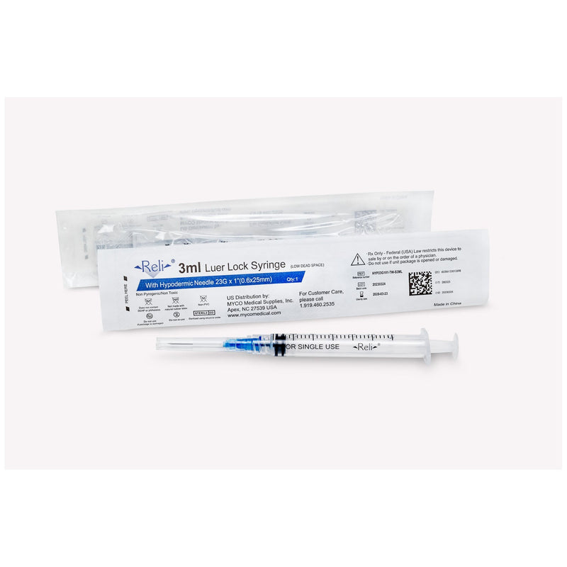 Myco Medical Myco Reli Conventional Hypodermic Needle W/Syringe  Needle, 3 mL, 23G x 1", Low Dead Space, Thin Wall,