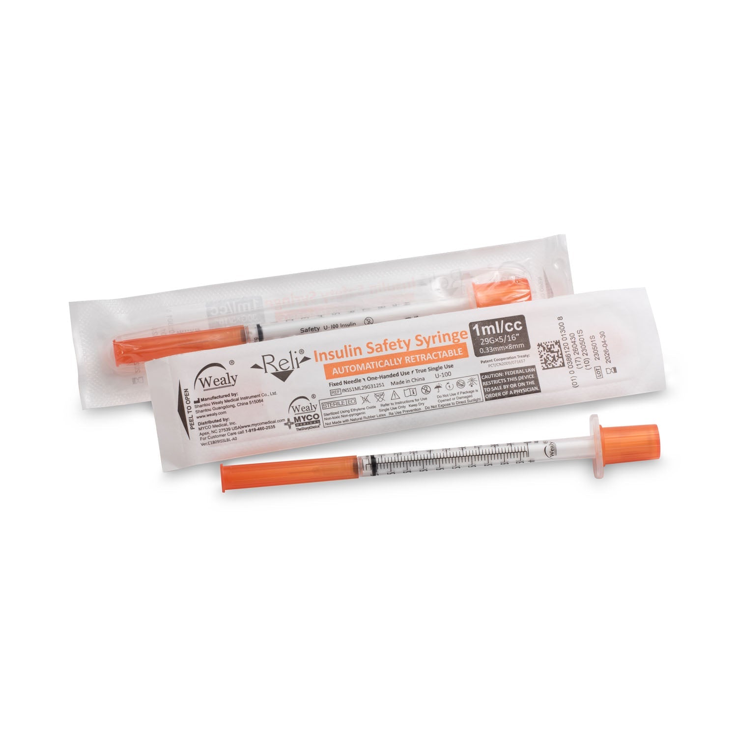Myco Medical Myco Reli® Wealy® Safety Insulin Syringes  with-1mL-Syringe-29G-x-5-16-100-bx-Available-for-S