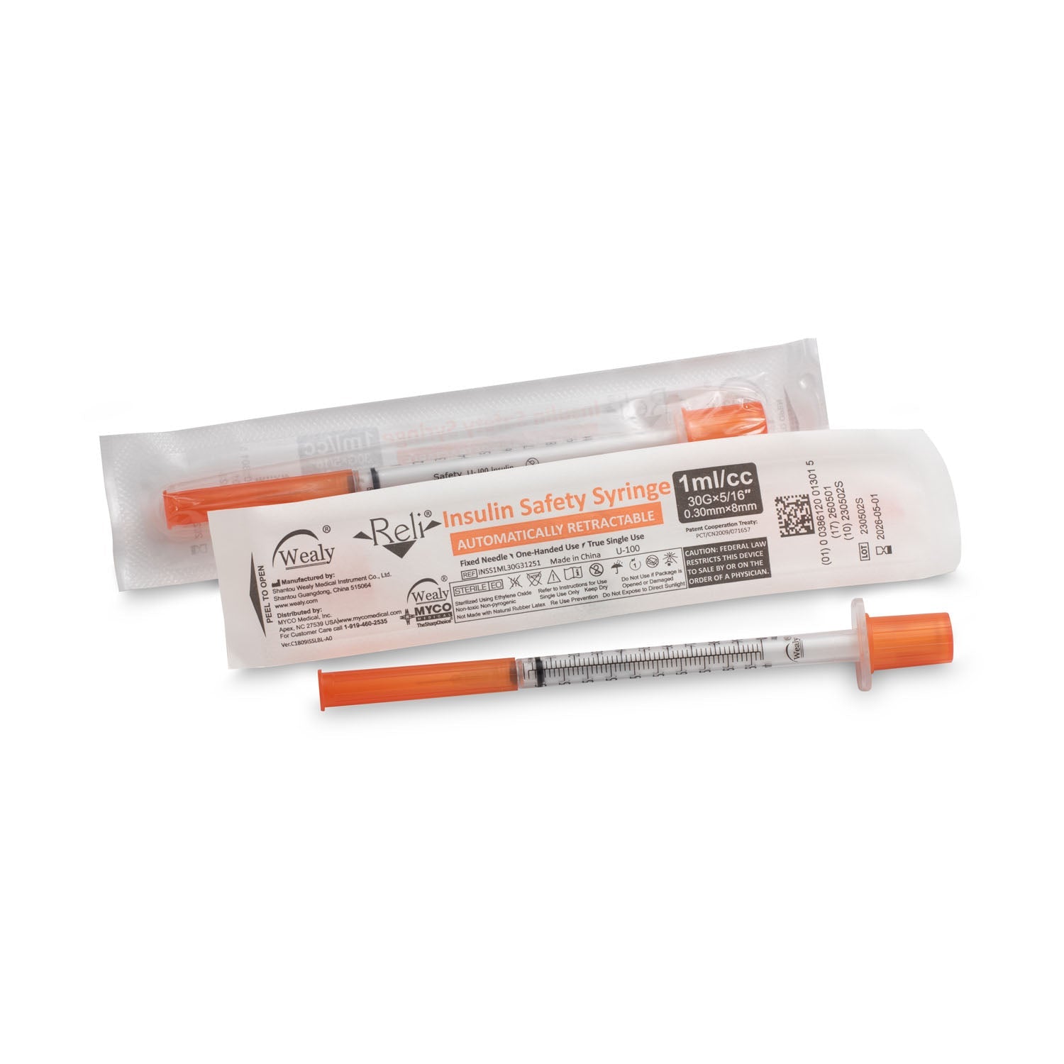 Myco Medical Myco Reli® Wealy® Safety Insulin Syringes  with-1mL-Syringe-30G-x-5-16-100-bx-Available-for-S