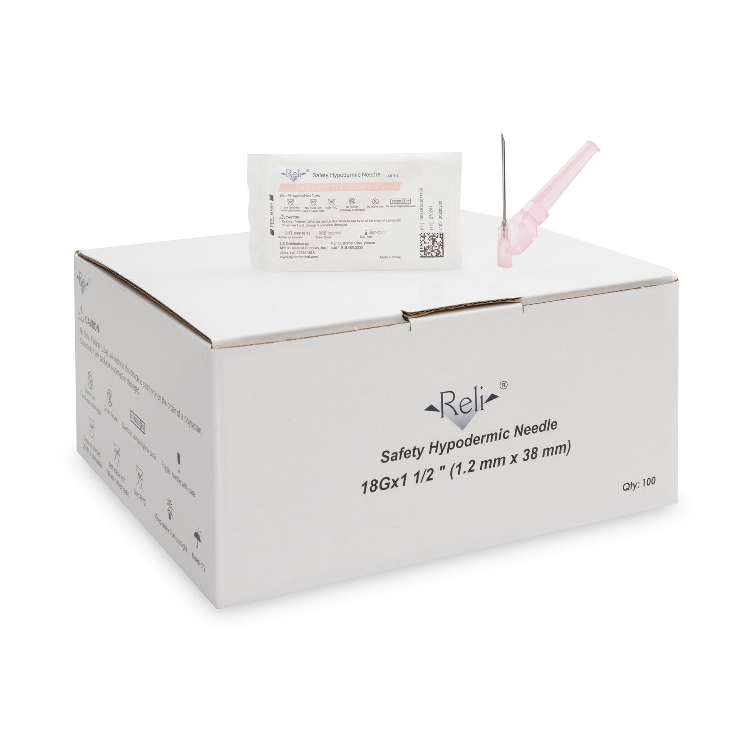 Myco Medical Reli® Safety Hypodermic Needles  Only-18G-x-1-1-2-100-bx