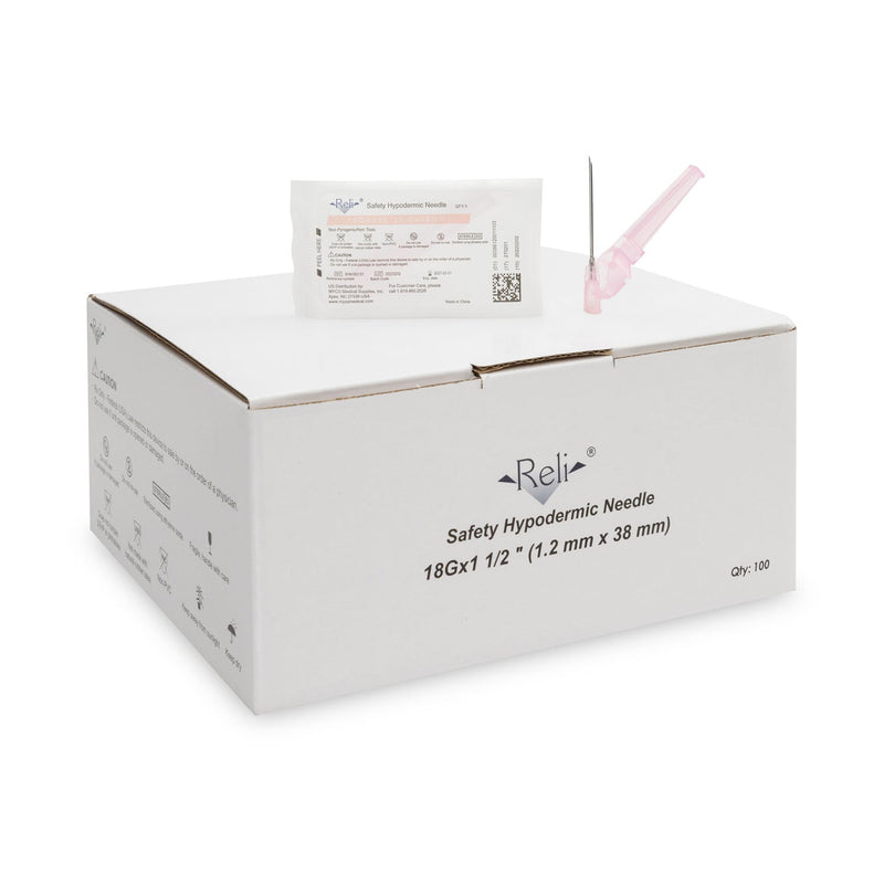 Myco Medical Reli® Safety Hypodermic Needles  Only-18G-x-1-1-2-100-bx