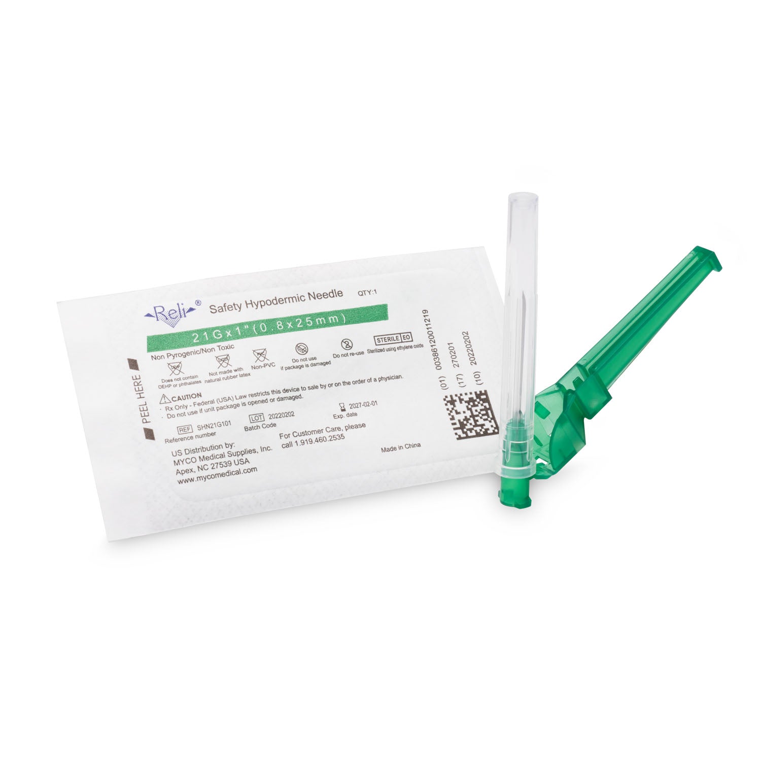 Myco Medical Reli Safety Hypodermic Needles  Only, 21G x 1", 100/bx
