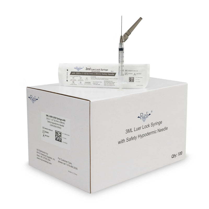 Myco Medical Myco Reli Safety Hypodermic Needle W/Attached Syringe  with 3mL Syringe, 22G x 1-1/2", Low Dead Space, 10