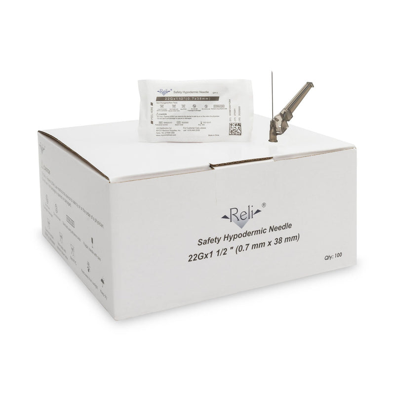 Myco Medical Reli Safety Hypodermic Needles  Only, 22G x 1-1/2", 100/bx