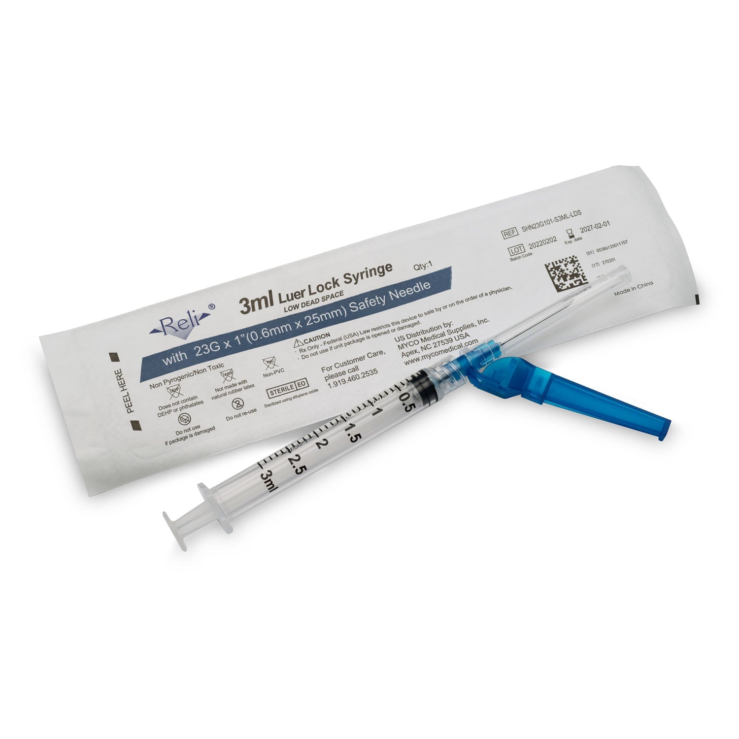 Myco Medical Myco Reli Safety Hypodermic Needle W/Attached Syringe  with 3mL Syringe, 23G x 1", Low Dead Space, 100/bx