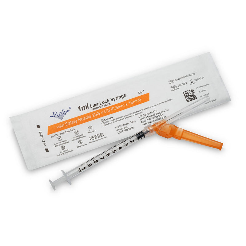 Myco Medical Myco Reli Safety Hypodermic Needle W/Attached Syringe  with 1mL Syringe, 25G x 5/8", Low Dead Space, 100/