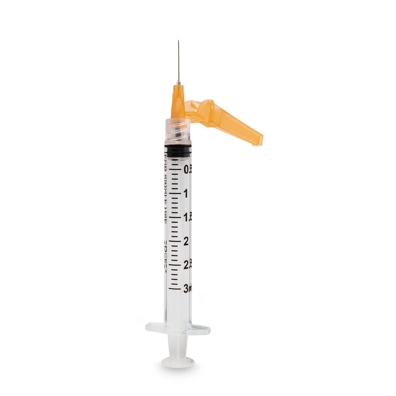 Myco Medical Myco Reli Safety Hypodermic Needle W/Attached Syringe  with 3mL Syringe, 25G x 5/8", Low Dead Space, 100/