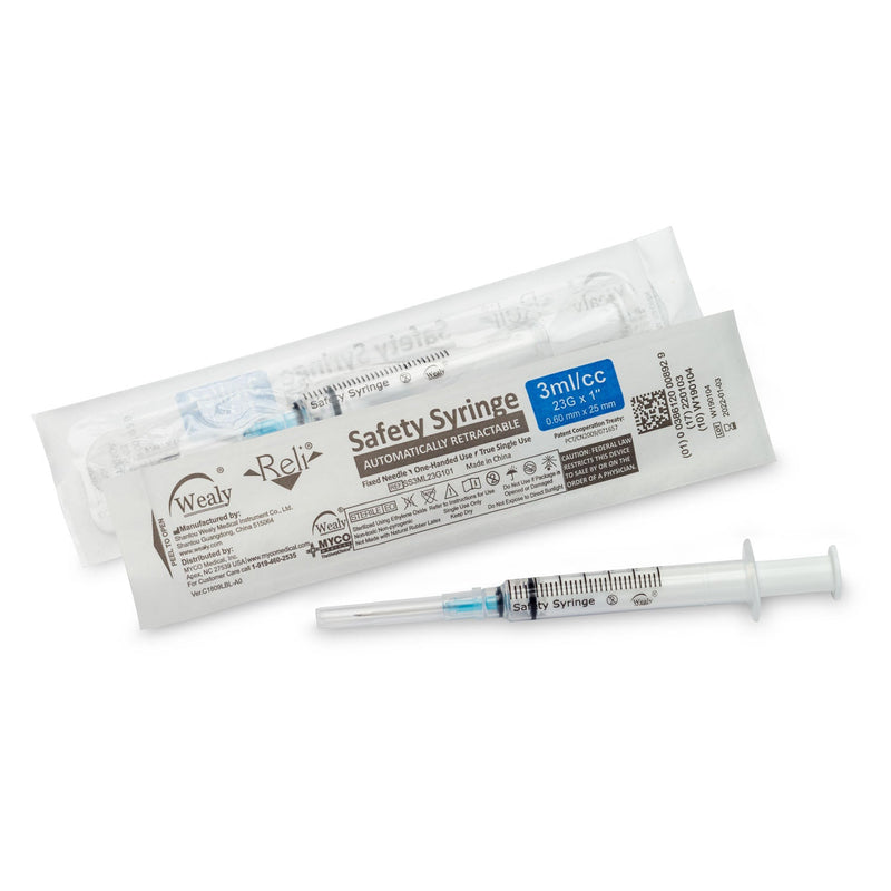 Myco Medical Myco Reli Wealy Safety Syringes  Needle, 3 mL, 23G x 1", Sterile, Deep Blue, 100/bx