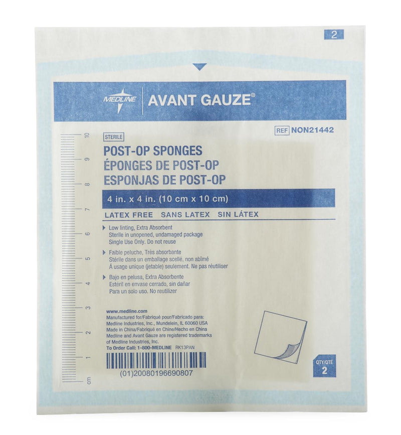 Medline Cellulose Filled Nonwoven Sponge Avant Gauze 4 X 4 Inch 8-Ply Sterile 2 per Pack (NON21442 / CS) 