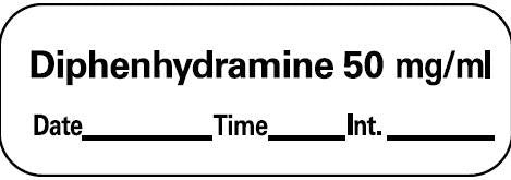 PDC Healthcare Drug Label PDC Anesthesia Label Tape Diphenhydramine 50mg/mL Date_Time_Int_ White 1/2 X 1-1/2 Inch 