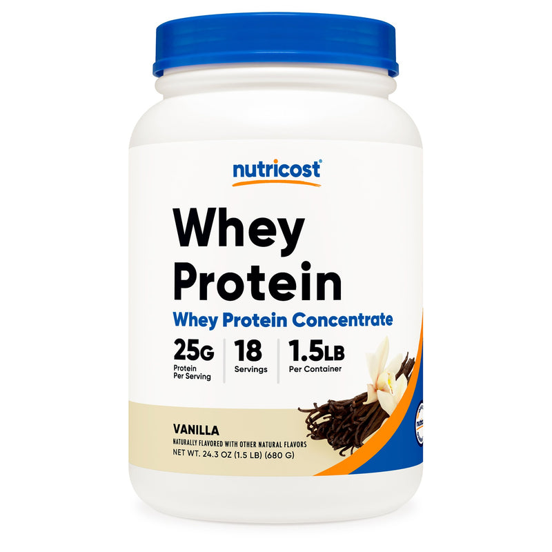 Oral Supplement Nutricost Whey Protein Concentrate Vanilla Flavor Powder 1-1/2 lbs. Canister (Case of 6 Bottles)
