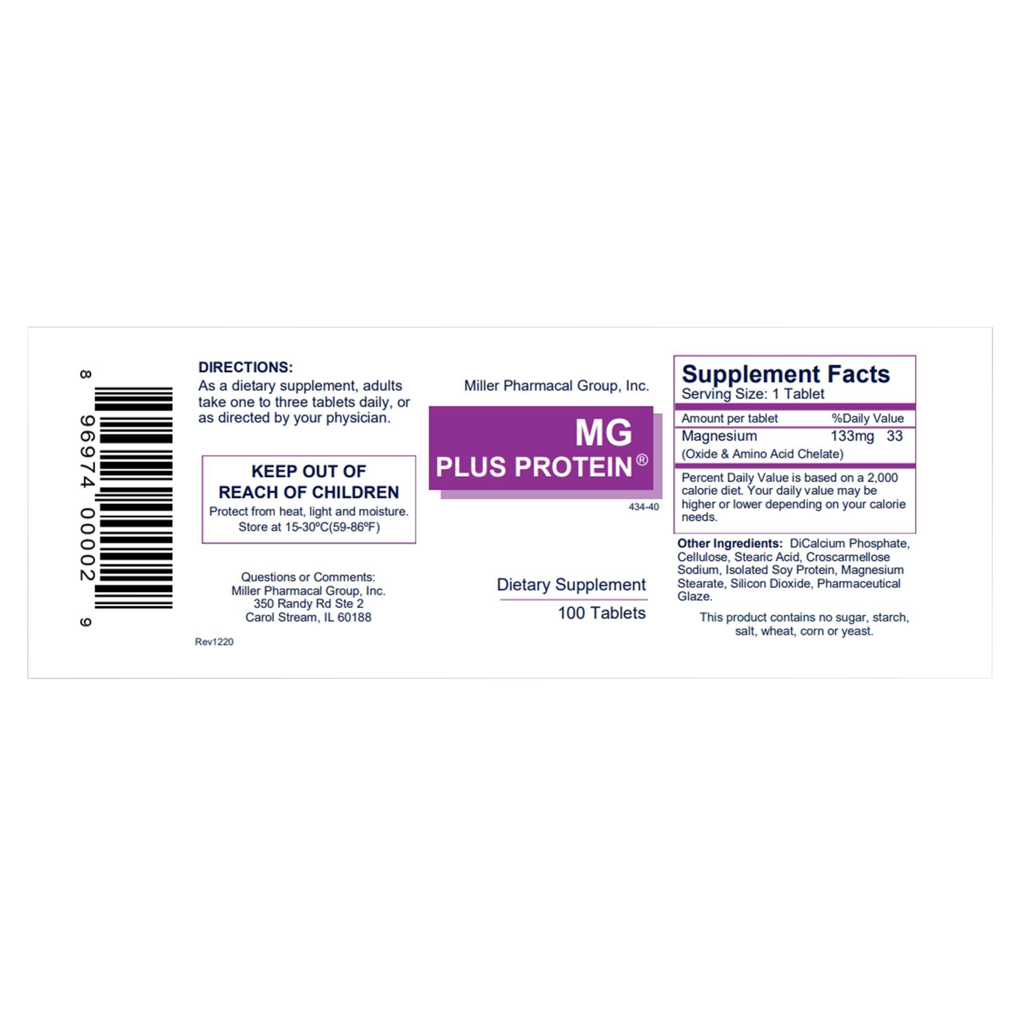 Miller Pharmacal Group Mineral Supplement Mag Plus Protein Magnesium 133 mg Strength Tablet 100 per Bottle