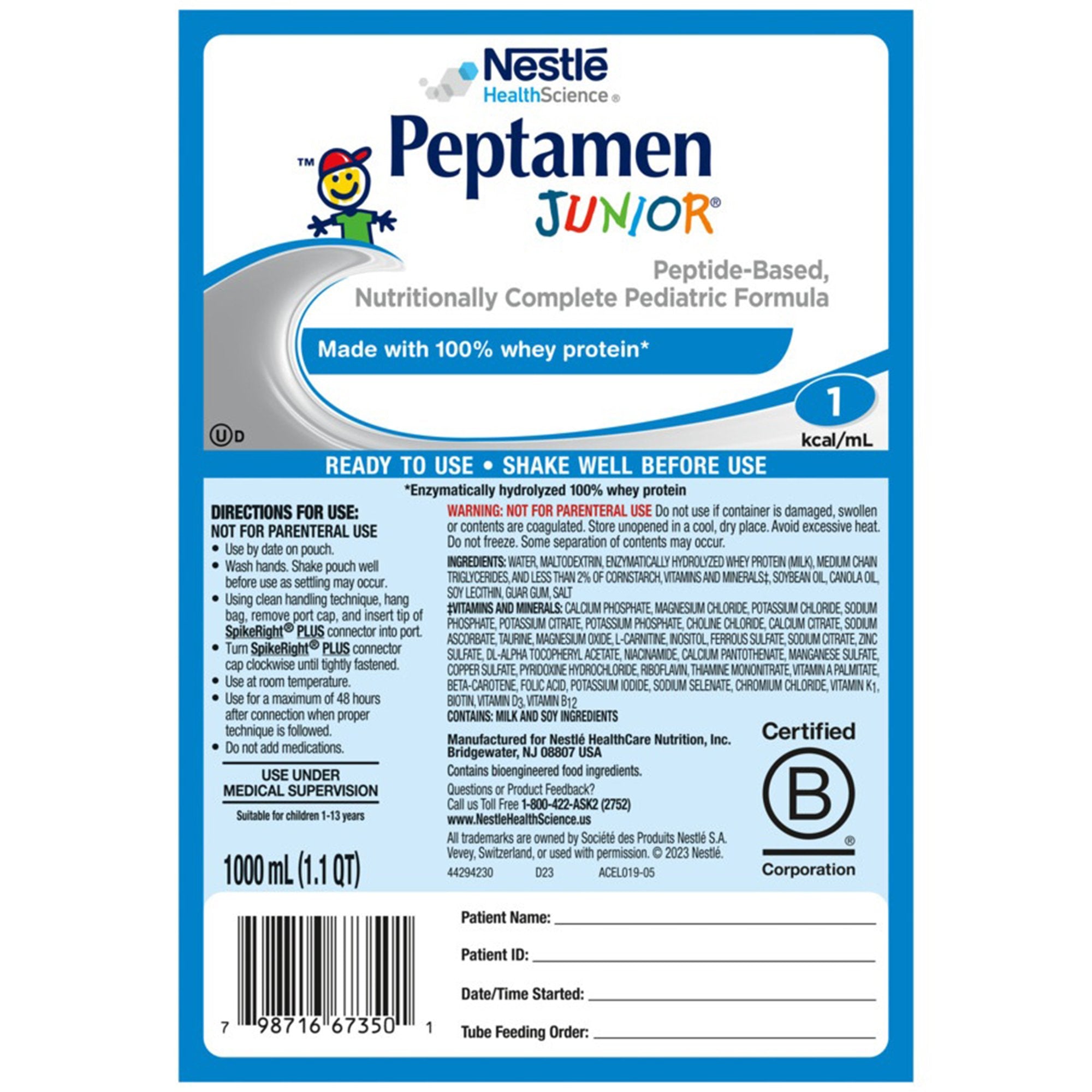 Nestle Healthcare Nutrition Peptamen Junior Pediatric Tube Feeding Formula, 1000 mL Bag (6/CS) 