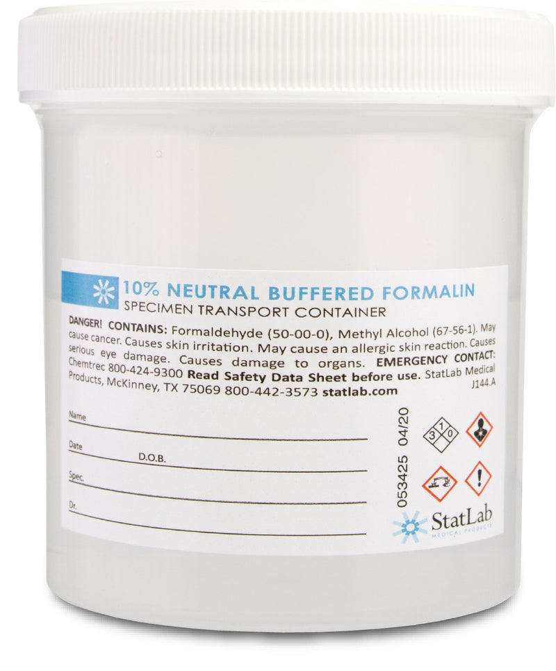 StatLab Medical Products Prefilled Formalin Container 250 mL Fill in 500 mL (16.9 oz.) Screw Cap Warning Label / Patient Information NonSterile (6/CS)