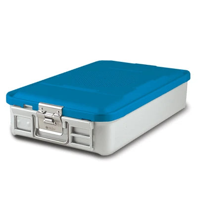 SklarLite Sterilization Container - Mid-Size, Standard Lid, Non-Perforated Bottom, 18-1/4" x 11" x 4", Blue - 10-4306