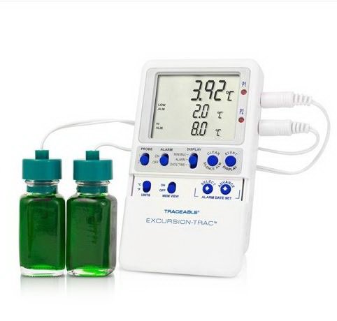 Datalogging Refrigerator / Freezer Thermometer with Alarm Traceable Excursion-Trac Fahrenheit / Celsius -58° to +158°F (-50° to +70°C) 2 Glycol Bottle Probes Multiple Mounting Options Battery Operated (Each)