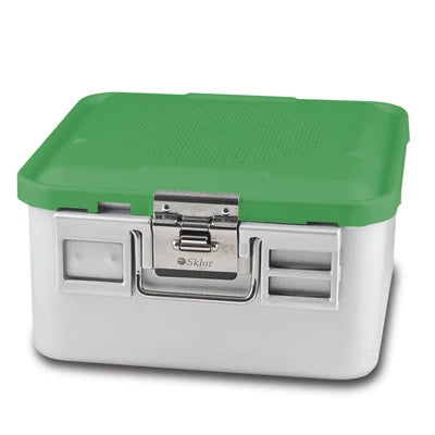 SklarLite Sterilization Container - Half-Size, Safe Lid, Non-Perforated Bottom, 11-1/4" x 11" x 6", Green - 10-4628