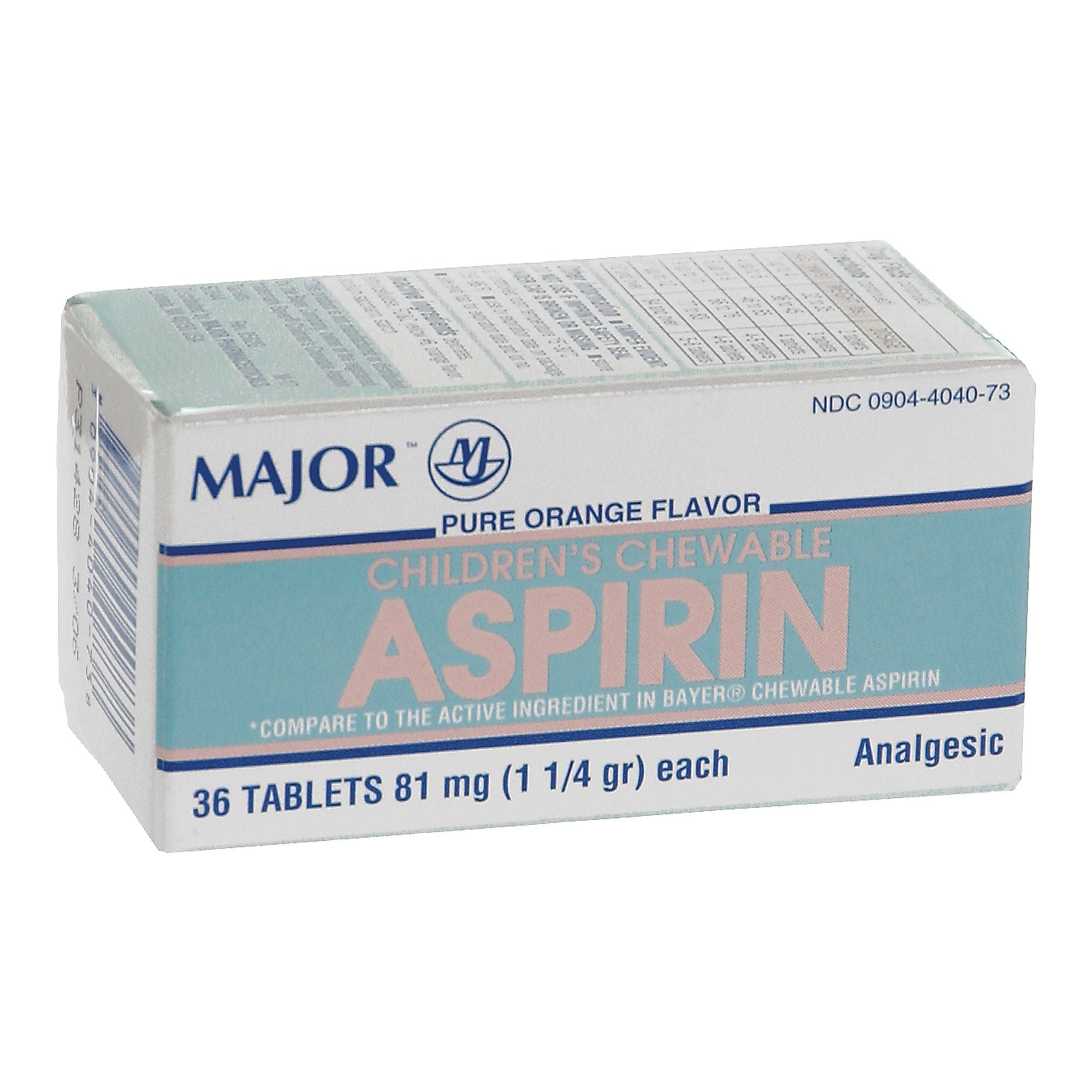 Major Children's Chewable Aspirin, Orange Flavor Analgesic (Bottle of 36) 