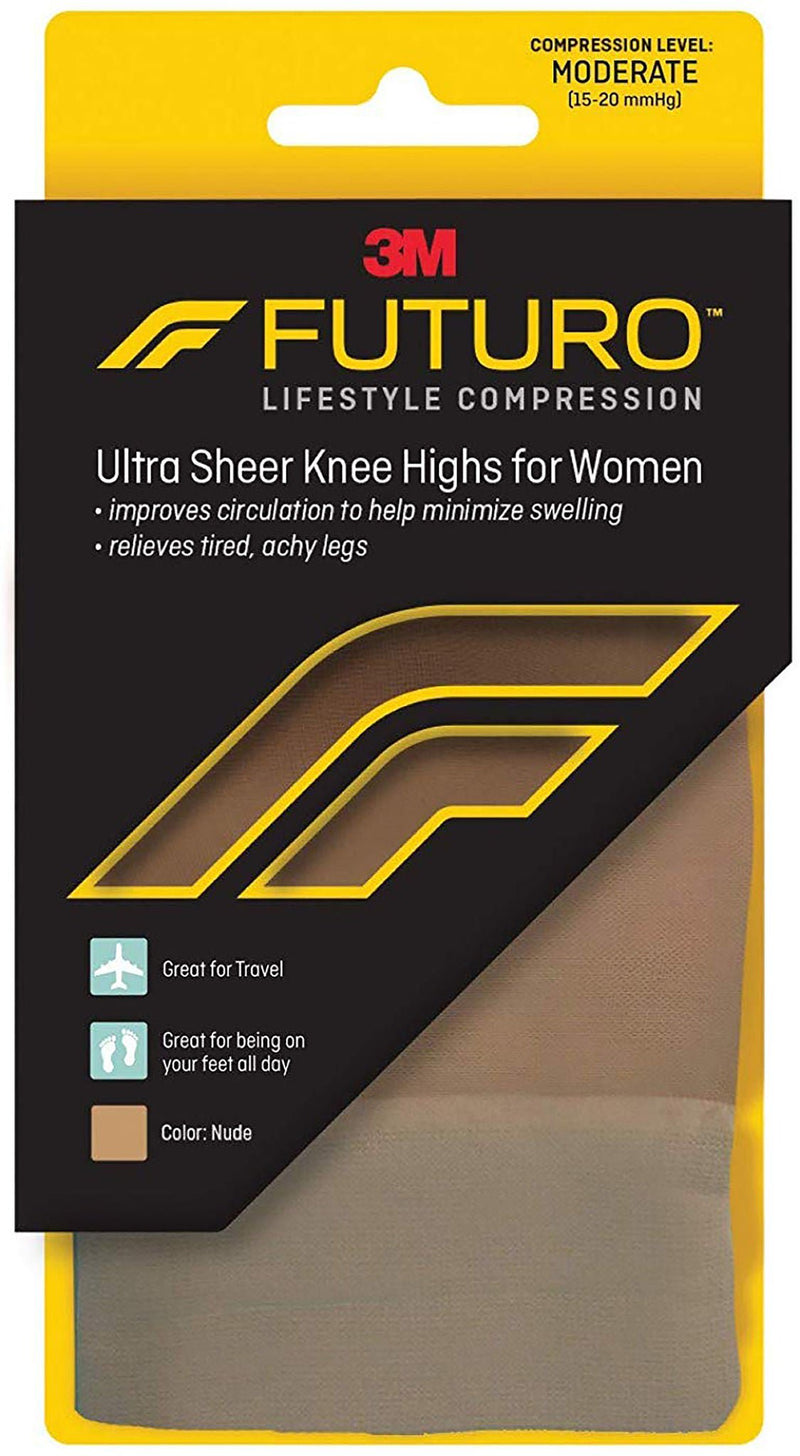 3M Futuro Lifestyle Compression Ultra Sheer Knee Highs for Women, Nude, Large (Box of 12 Pairs)