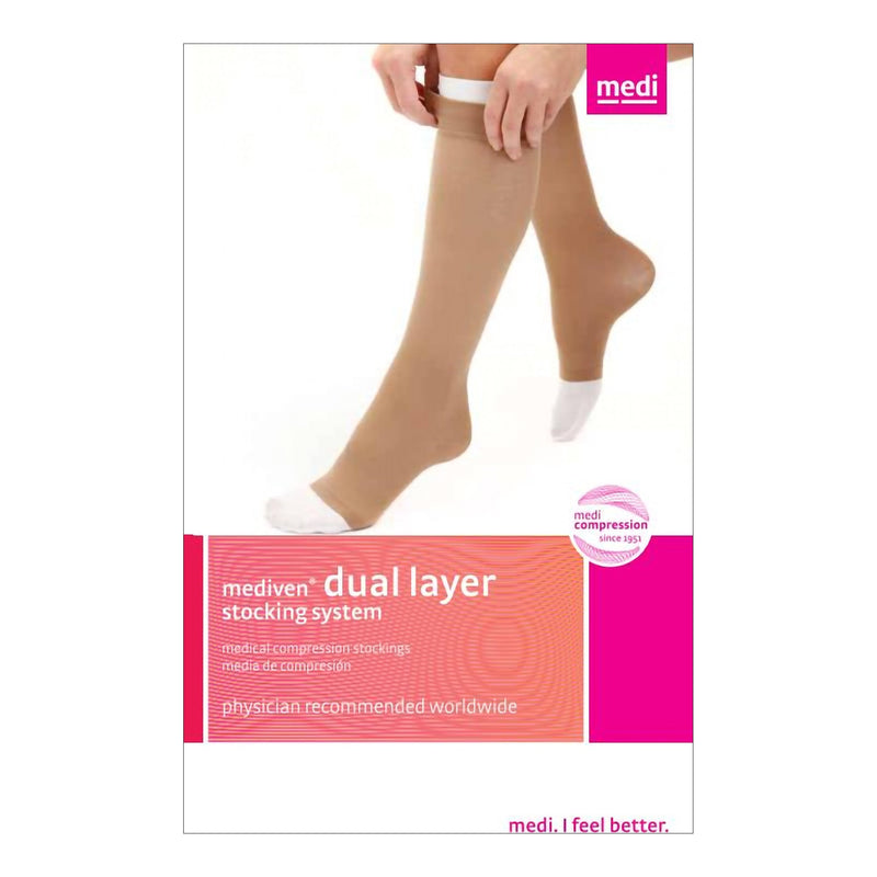 Mediusa Compression Stocking with Liner mediven Knee High Large Beige Stocking: Open Toe, Liner: Closed Toe