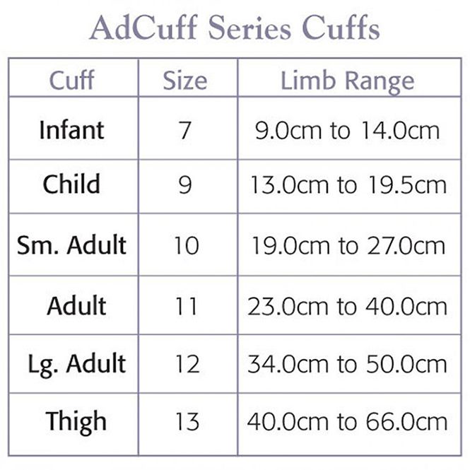 ADC Adcuff Series Cuffs sizing chart