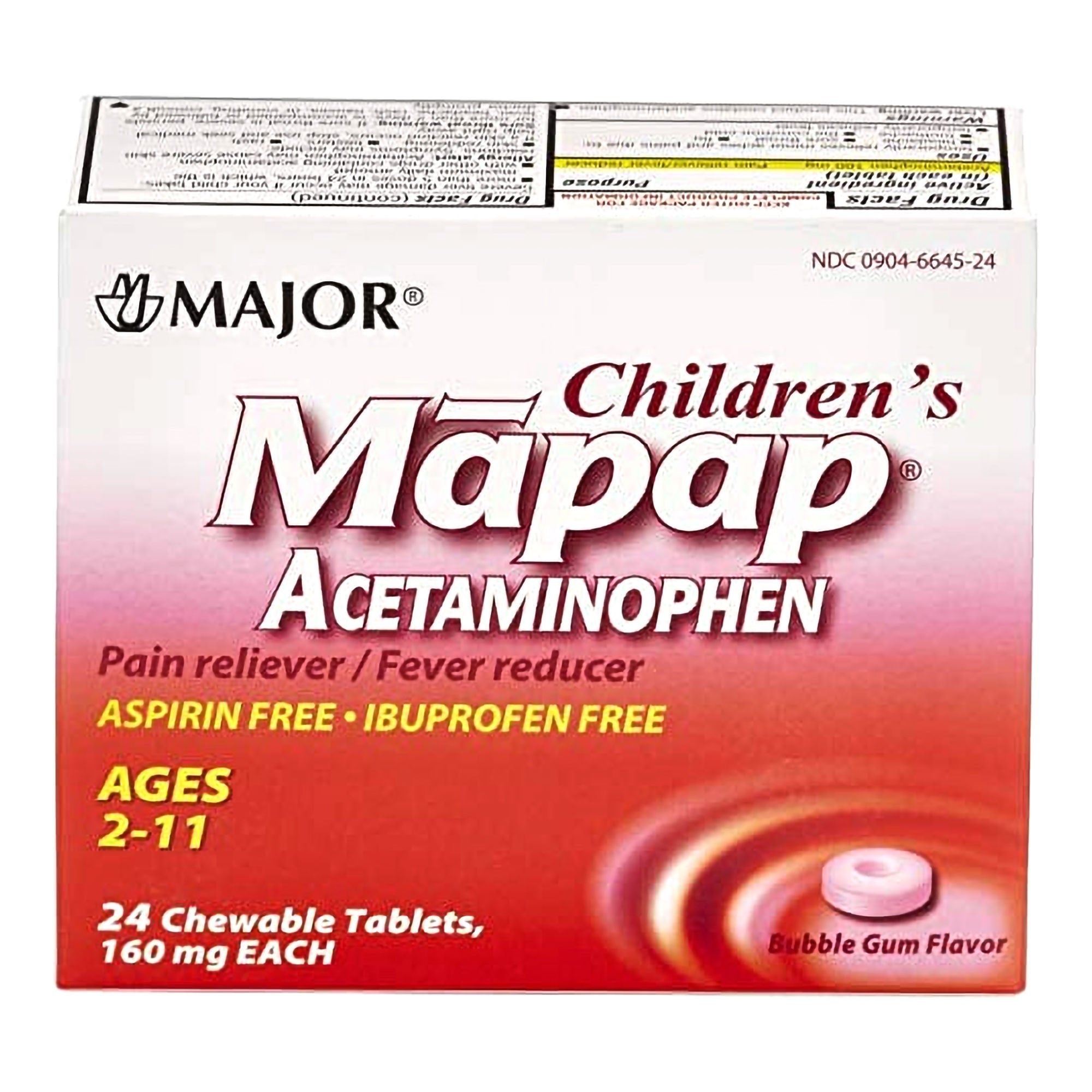 Mapap Acetaminophen Children's Pain Relief / Fever Reducer, Bubble Gum flavor (Box of 24) 