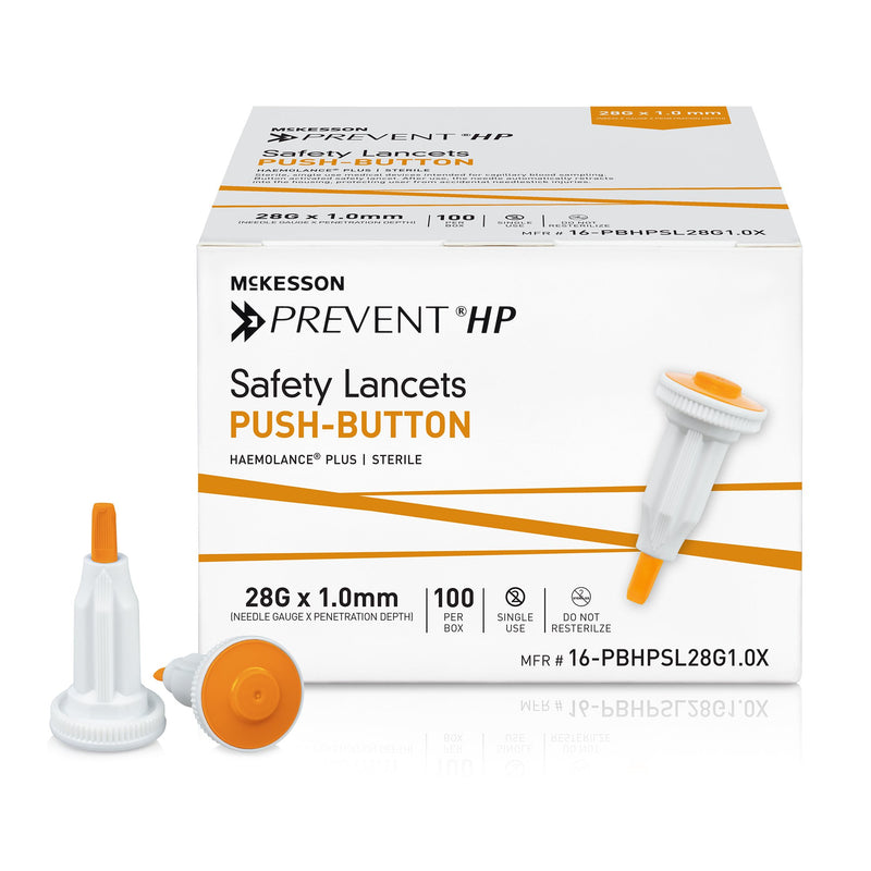 McKesson Prevent HP Push Button Safety Lancet, 28 Gauge, 1.0 mm (Case of 2000)