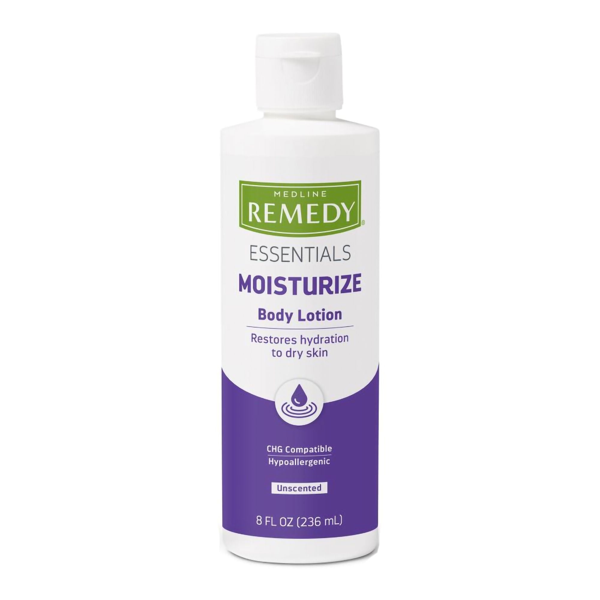 Hand and Body Moisturizer Medline Remedy Essentials Moisturize 8 oz. Bottle Unscented Lotion CHG Compatible (Case of 36)