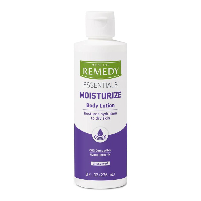 Hand and Body Moisturizer Medline Remedy Essentials Moisturize 8 oz. Bottle Unscented Lotion CHG Compatible (Case of 36)