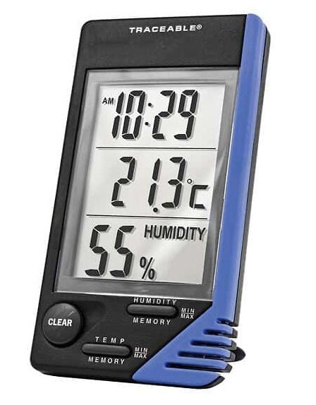 Digital Thermometer / Hygrometer Digi-Sense Traceable Fahrenheit / Celsius 0° to 32°F (0° to 50°C) External Probe Flip-out Stand / Wall Mount Battery Operated (Each) 