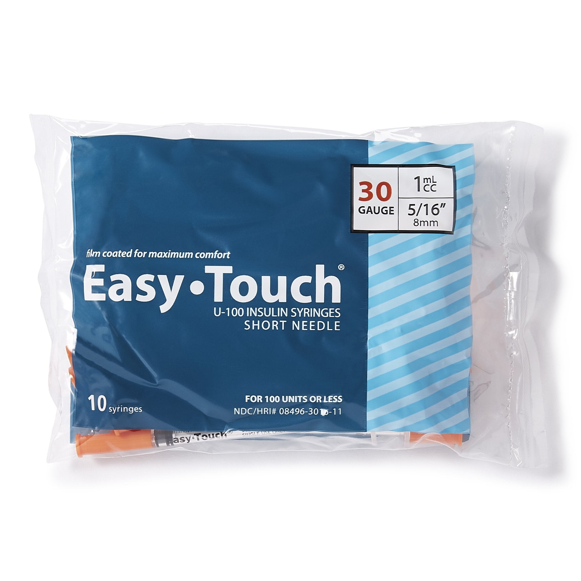 MHC Medical EasyTouch 1 mL Insulin Syringe with Needle, 30 Gauge, 5/16 Inch Needle Length (500/CS) 
