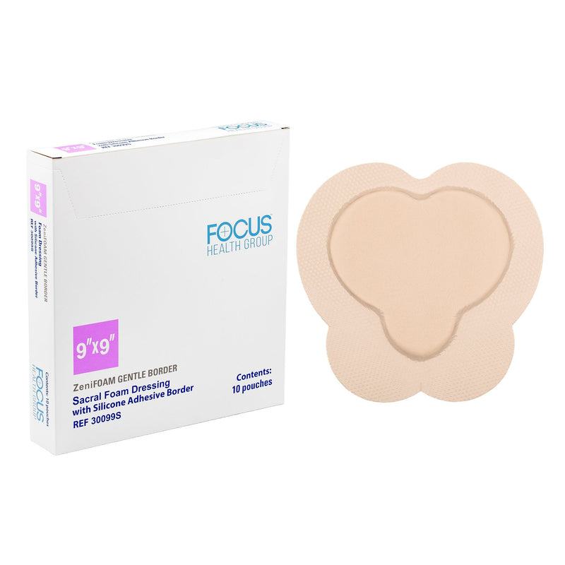 Focus Health Group Foam Dressing ZeniFOAM Gentle Border 9 X 9 Inch With Border Waterproof Backing Silicone Face and Border Sacral Sterile (10/BX) 