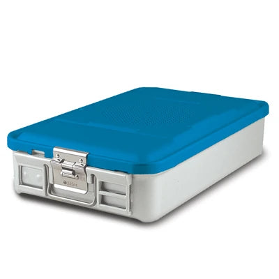 SklarLite Sterilization Container - Mid-Size, Standard Lid, Perforated Bottom, 18-1/4" x 11" x 4", Blue - 10-4318