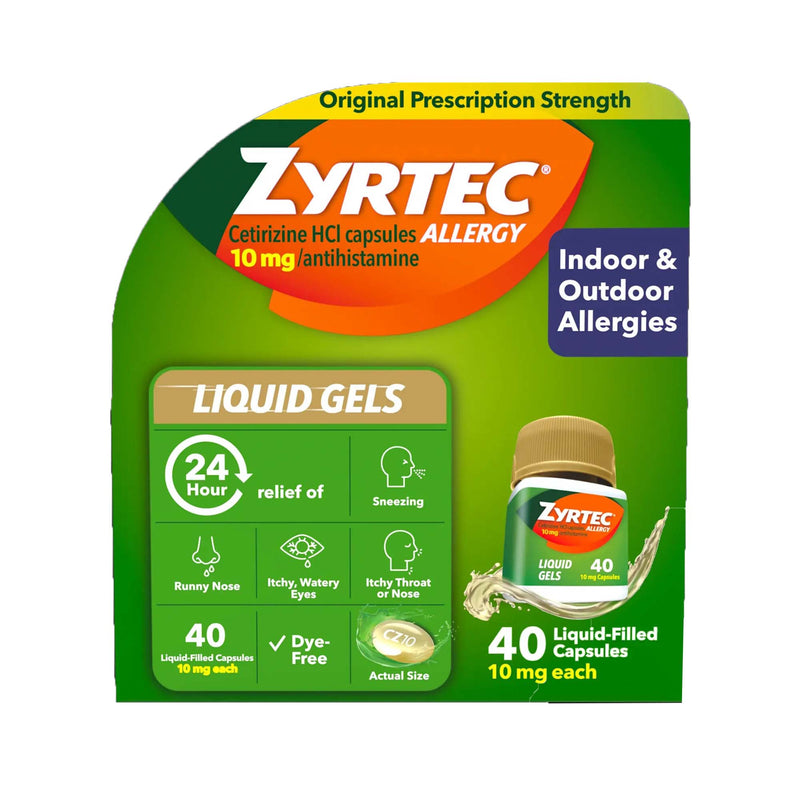 Allergy Relief Zyrtec 10 mg Strength Liqui-Gel 40 per Bottle