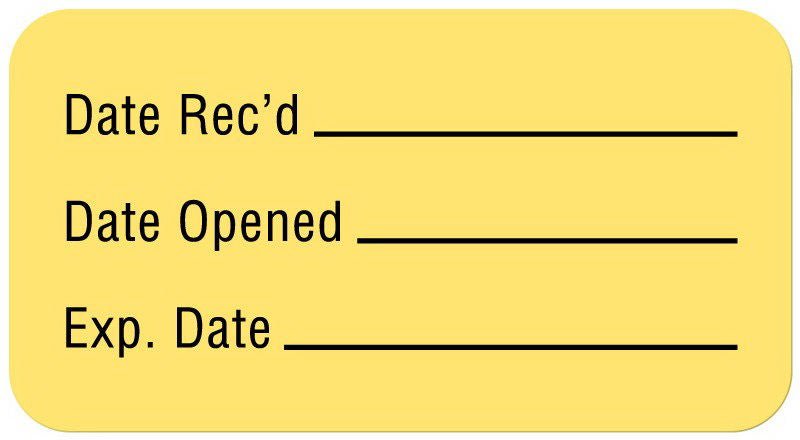 Pre-Printed / Write On Label Auxiliary Label Yellow Paper Date Rec'D __________ / Date Opened __________ / Exp. Date __________ Quality Control Label 7/8 X 1-5/8 Inch (Roll of 560)