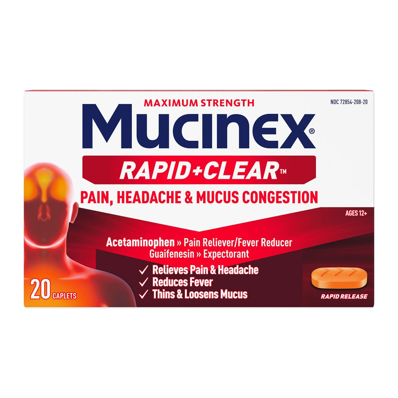 Mucinex Rapid + Clear for Pain, Headache and Mucus Congestion Caplets (Carton of 20) 