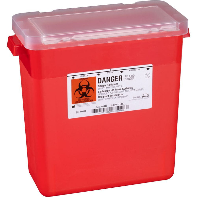 Bemis Sentinel 3-Gallon Sharps Container with Large Opening Lid (12/Case)  Translucent Red