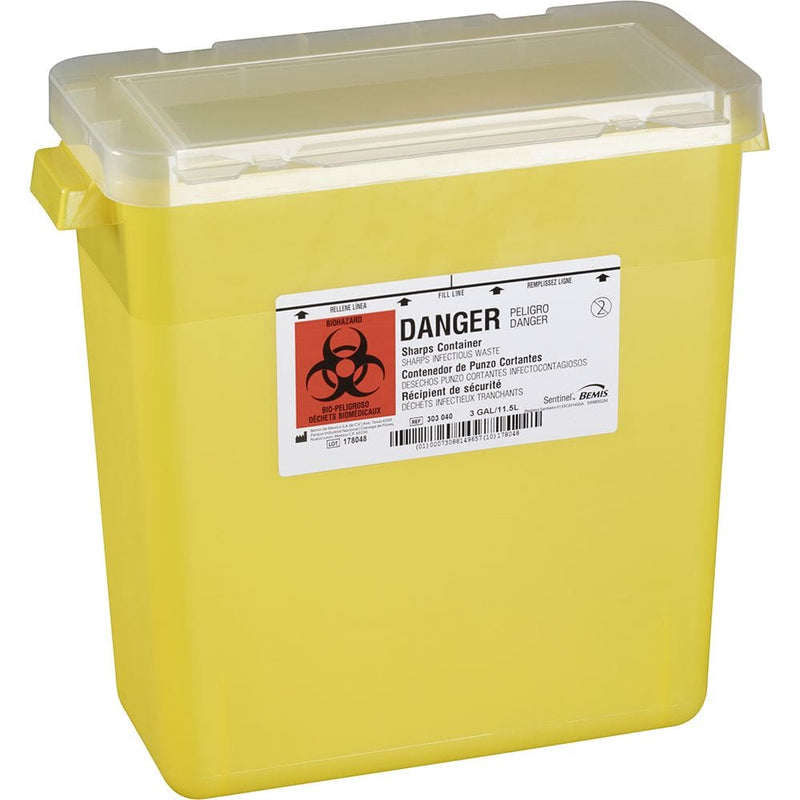 Bemis Sentinel 3-Gallon Sharps Container with Large Opening Lid (12/Case)  Translucent Yellow