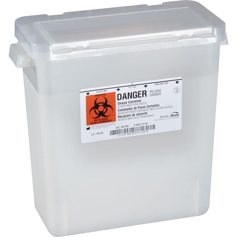 Bemis Sentinel 3-Gallon Sharps Container with Large Opening Lid (12/Case)  Translucent Beige
