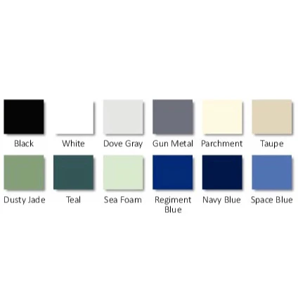 Brandt Industries Hydraulic Stool Color Chart - Black, White, Dove Gray, Gun Metal, Parchment, Taupe, Dusty Jade, Teal, Sea Foam, Regiment Blue, Navy Blue, Space Blue