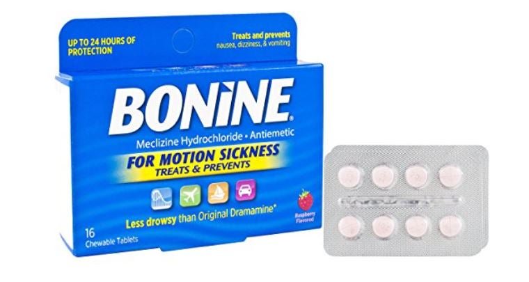 Bonine Motion Sickness Chewable Tablets, Raspberry Flavor (Box of 16) 